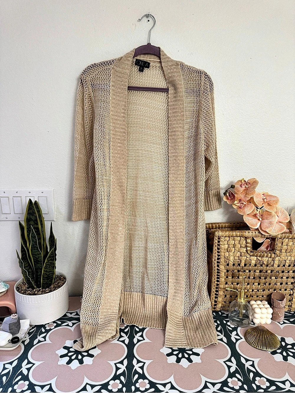 ONE A Open Front Knit Cardigan Beige XL